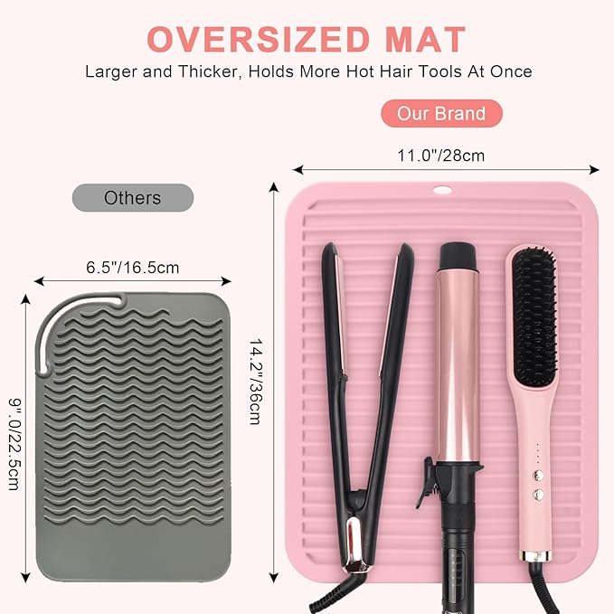 Oversize Silicone Heat Resistant Mat, Professional Hot Hair Tools Mat for Curling Iron, Flat Iron, Hair Straightener, Portable Hot Pad Cover with Velcro for Travel Home Salon(14.2" x 11.0")