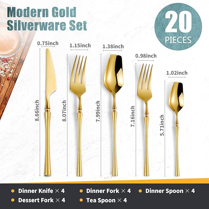 20-Piece Gold Silverware Set for 4, Modern 18/10 Stainless Steel Flatware Set - Image 2