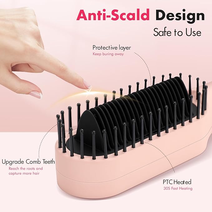 Hair Straightener Brush with Hot & Cool Air, AngKng Anti-Scald Heat Comb Straightener for Straightening Hair, 30s Fast Heating, Hot Air Straightening Brush for Women, Dual Voltage for Travel, Pink