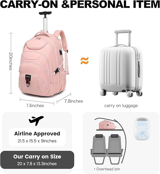 Boavan Rolling Backpack for Women, 17.3 Inch Wheeled Laptop Backpack, Large - Image 8