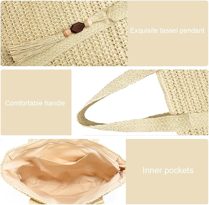 Straw Beach Bags for Women Woven Beach Tote Bag Casual Boho Large Shoulder - Image 6