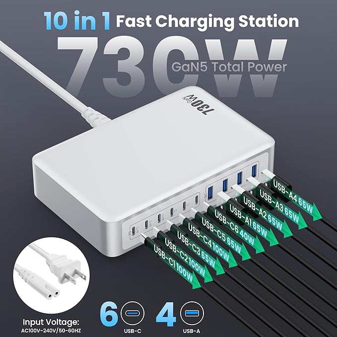 730W USB C Charger Block, 10-Ports GaN V Fast Charging Station Hub, QC4.0+Three - Image 2
