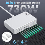730W USB C Charger Block, 10-Ports GaN V Fast Charging Station Hub, QC4.0+Three - Image 2