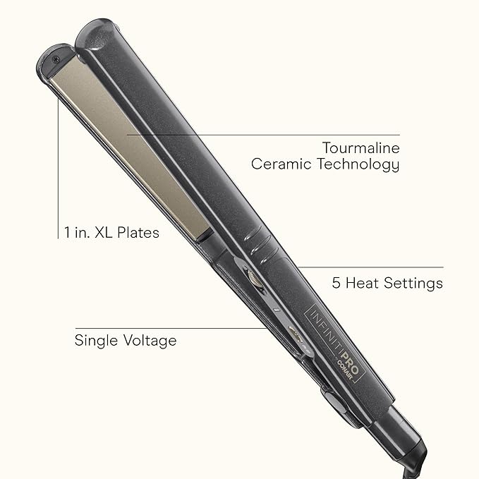 INFINITIPRO BY CONAIR Tourmaline Ceramic 1-Inch Flat Iron Hair Straightener, 1-Inch Flat Iron to Straighten or Curl, 5 Heat Settings, for All Hair Types and Textures, Metallic Gray