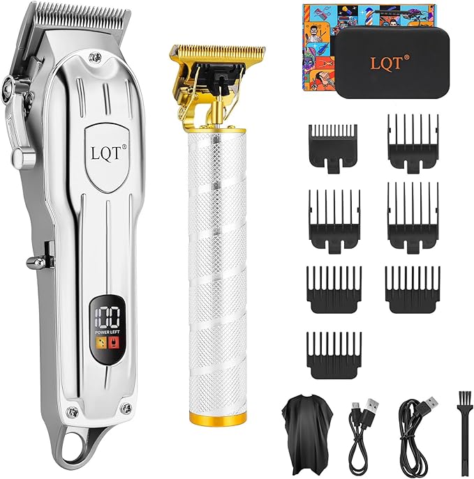 Professional Hair Clipper Set, Gold, LED Display, with Trimmer, 8 Guide Combs, Barber Shaver Set, with Travel Case and Haircut Cape (Silver)