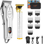 Professional Hair Clipper Set, Gold, LED Display, with Trimmer, 8 Guide Combs, Barber Shaver Set, with Travel Case and Haircut Cape (Silver)