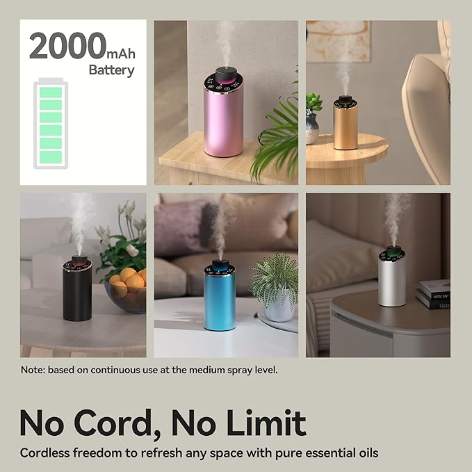 Waterless Essential Oil Diffuser Scent Aromatherapy Diffusers for Home Large Room, Car, Office, Portable Battery Operated Cordless Air Freshener, 4 Timers & 3 Mist Levels, 100ml Capacity (Blue)