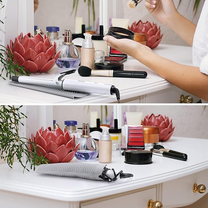 Heat Resistant Mat for Hot Tools, Silicone Curling Iron Mat & Holder for Vanity Top, Portable Flat Iron Mat & Sleeve Travel Case Organizer Container Styling Station