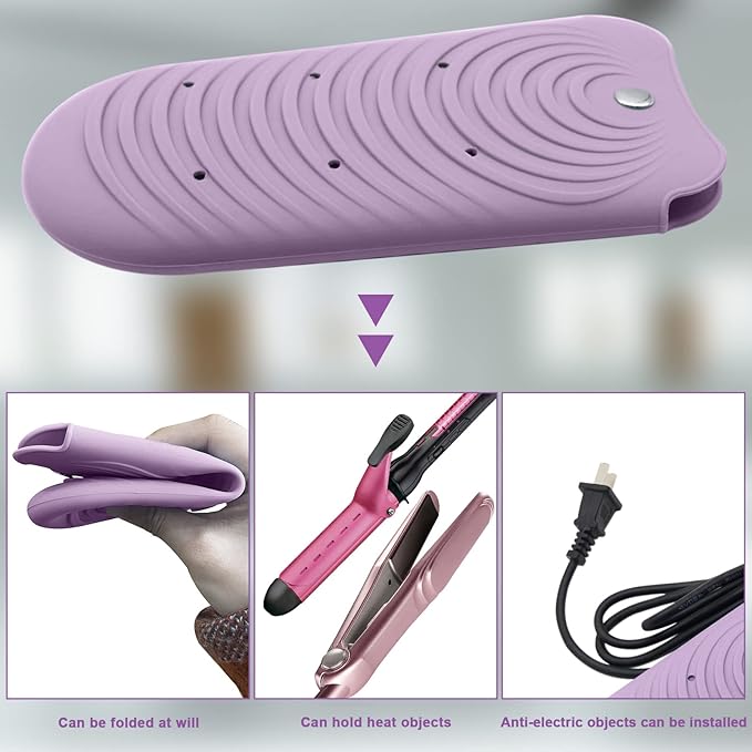 Heat Insulating Silicone Mat Pouch for Hair Styling Tools, Curling & Flat Irons Anti-Slip Travel Cover, Small Portable Straightener Pad for Curler Wands Storage, Hot Waver (Purple)