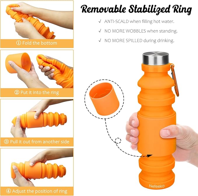 Nefeeko Collapsible Water Bottle, Reuseable BPA Free Silicone Foldable Water - Image 4