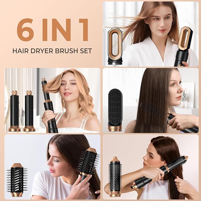 6 in 1 Detachable Hair Styling Tool Set: Ionic Hot Air Brush, Round Straightener Volumizer, Thermal Curler Wand, and Blow Dryer