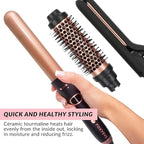 FoxyBae 3-in-1 Interchangeable Hair Tools - Curling Wand w/ 3 Attachments - Hot Round Brush, Straightening Iron & Hair Curler for Shiny Curls - Hair Dryer Brush & Hair Styling Set [Black-Rose Gold]