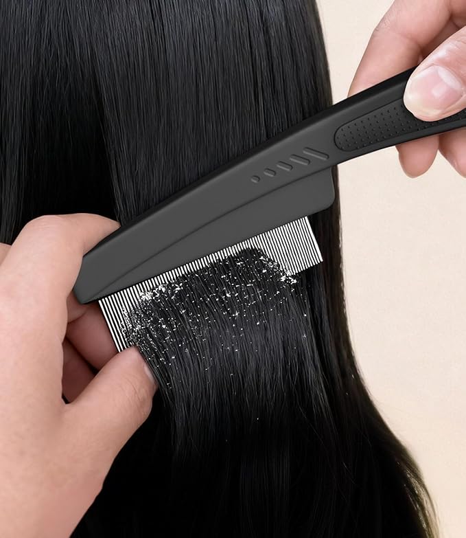 Dandruff Comb Fine Tooth Scalp Detox Comb Lice for Women, Men & Kids Stainless Steel Scalp Detoxing, Sweep & Massage Hair Brush Tool for Hair Care (1PC Black)