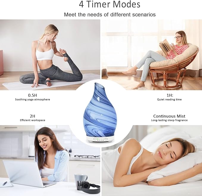 Essential Oil Diffuser 120ML, Glass Aromatherapy Diffuser with 4 Timer Settings & 7 Color Changing Lights, Waterless Auto Shut-Off, Ultra Quiet Oil Diffuser for Home, Office, Yoga, Spa and Sleeping