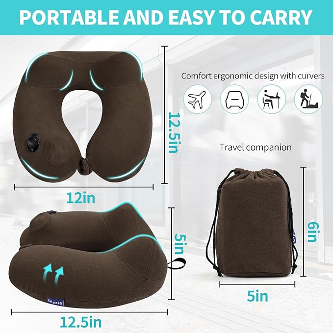 Inflatable Travel Neck Pillow for Airplane, Head Support Velvet Adult Neck - Image 2