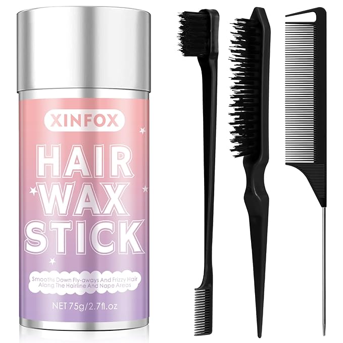 Hair Wax Stick, Slick Back Hair Brush, Wax Stick for Flyaways, Rat Tail Comb Edge Brush Styling Tool Set Accessories for Women Girls(Black)