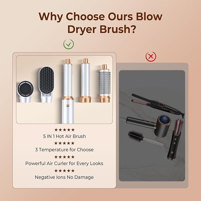 5 in 1 Blow Dryer Brush, Upgrade Hair Dryer Brush Air Curler Air Curling Wrap Styler, Detachable Hot Air Brush Negative Ion Curling Brush Iron, Hair Styling Tools for Drying Curling Straightening