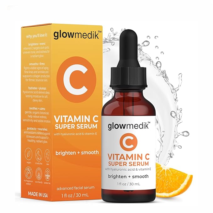 GlowMedik Vitamin C Serum for Face - Illuminating Brightening Serum for Dark Spots - Dark Spot Corrector with Hyaluronic Acid & Vitamin E - Fine Lines & Wrinkles, Sensitive Skin, Made in USA 1 fl oz