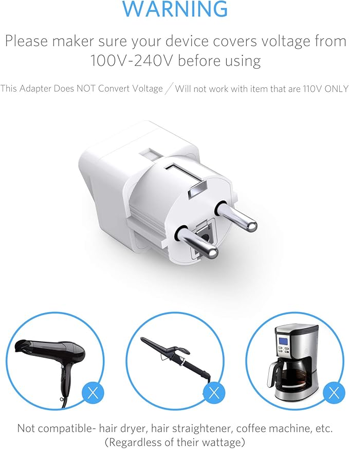 BESTEK Europe Travel Plug Adapter, Grounded Universal Type E/F Plug Adapter EU - Image 6