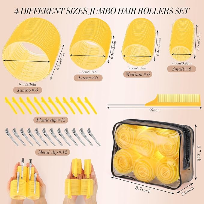 Obeoby 4 Sizes Hair Rollers for Women, 50 Pcs Set Hair Curlers with Clips Comb Curlers for Long Short Curly Hair and Bangs (25, 36, 48, 60mm), Yellow