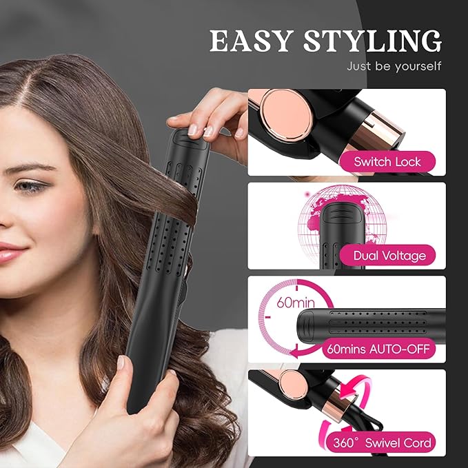 SKIMI Airflow Styler, Titanium Flat Iron Hair Straightener, Professional Curling Iron with Cooling Air Vents to Lock in Style, 5 Temps & Dual Voltage, Auto Off (Black & Blush Gold).