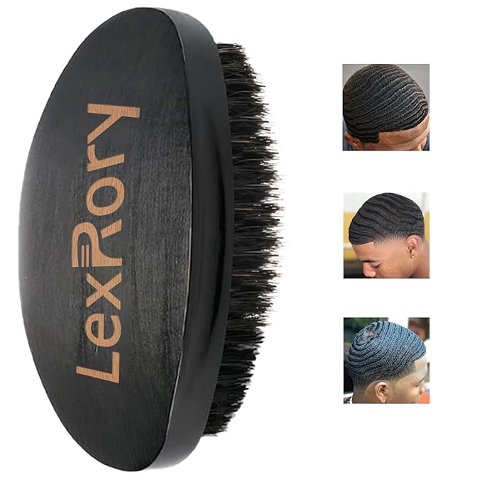 360 Curved Wave Brush For Men - Medium Hard Palm Wave Hair Brushes - Made with Beech Mix Nature Boar Bristle Brush For Black Hair (Black)