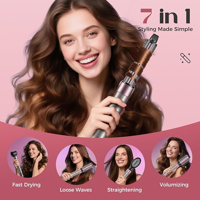 7-in-1 Hair Dryer Brush Blow Dryer, Hot Air Brush Styler with Travel Bag– Fast Drying, Curling, Straightening & Volumizing – 1500W High-Speed Motor 110,000 RPM – All Hair Types – Pink