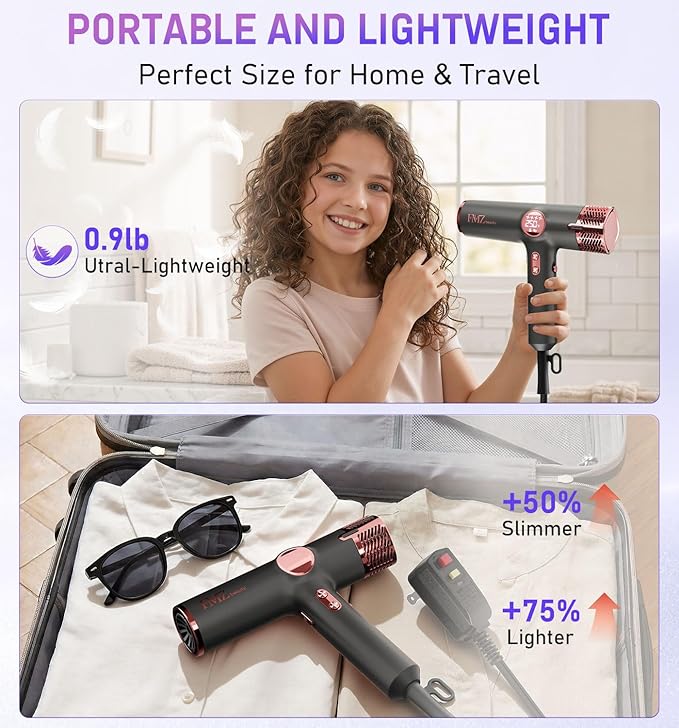 FMZ Professional Hair Blow Dryer with Diffuser, 1875W High Speed Brushless Motor for Fast Drying, Smart Display, Portable Small Light weight Low Noise, Curly Ionic Blowdryer for Women Men Salon Travel
