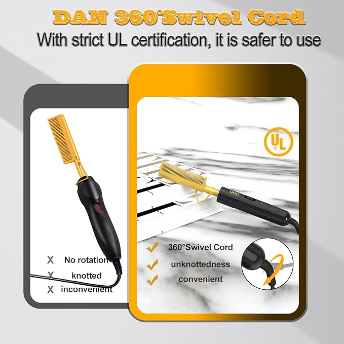 DAN Technology hot Comb Electric for Wigs,450℉Small hot Comb for Edges,Low and high Temperatures, Hair straightening Comb for Black Hair,Portable & Dual Voltage for Travel & Home…