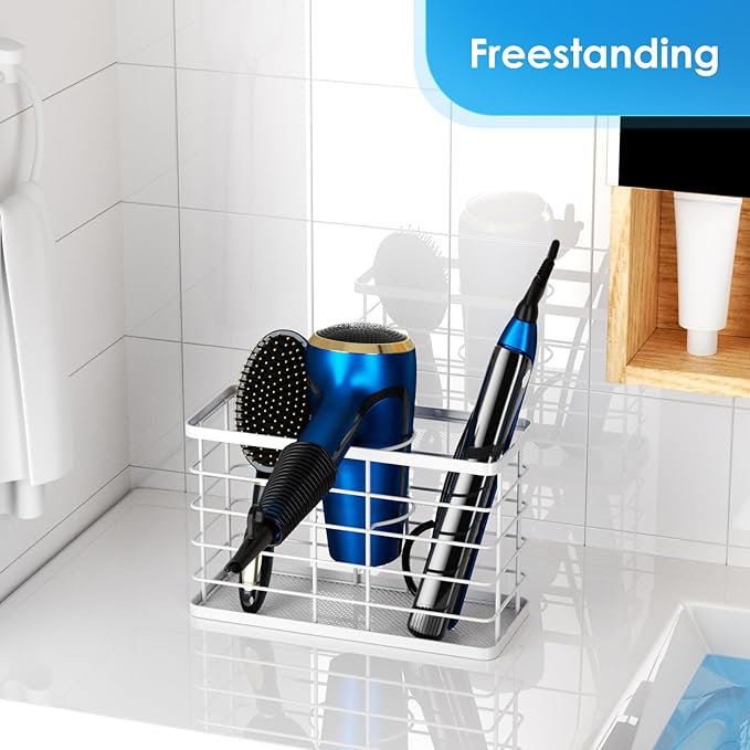 Hair Tool Organizer, Dryer Holder, 3 in 1 Blow Bathroom Organizer Wall Mounted/Cabinet Door for Flat Iron, Curling Straightener, Care & Styling Tools Storage Basket (White)