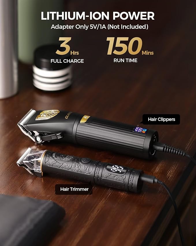 GLAKER Hair Clippers for Men,Professional Mens Hair Clippers Cordless Clippers for Hair Cutting,Precision Trimmer Kit Zero Gap Trimmer with LED Display 15 Guide Combs (Black+Gold)