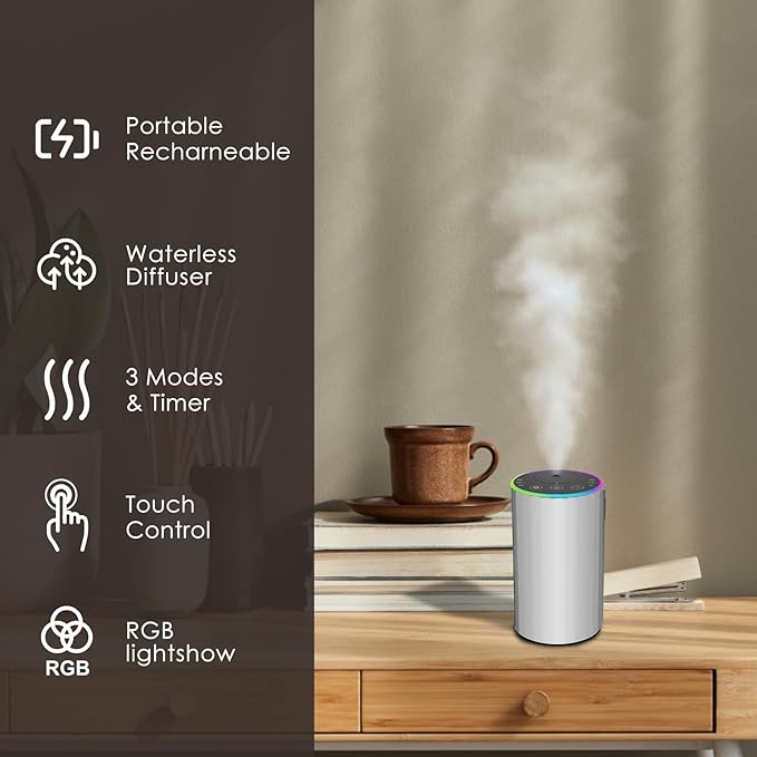 Waterless Essential Oil Diffuser, Battery Powered Mini Scent Air Machine, Aromatherapy Mist Diffuser for Home Room Car Office (Silver)