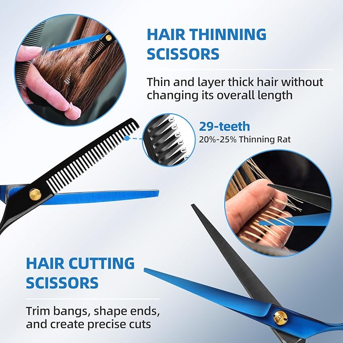 Hair Cutting Shears Sets - Professional 9 PCS Haircut Scissors Kit with 6.5" Thinning/Texturizing Scissors (29 Teeth) and Straight Shears for Men Women Home Salon (Black & Blue)