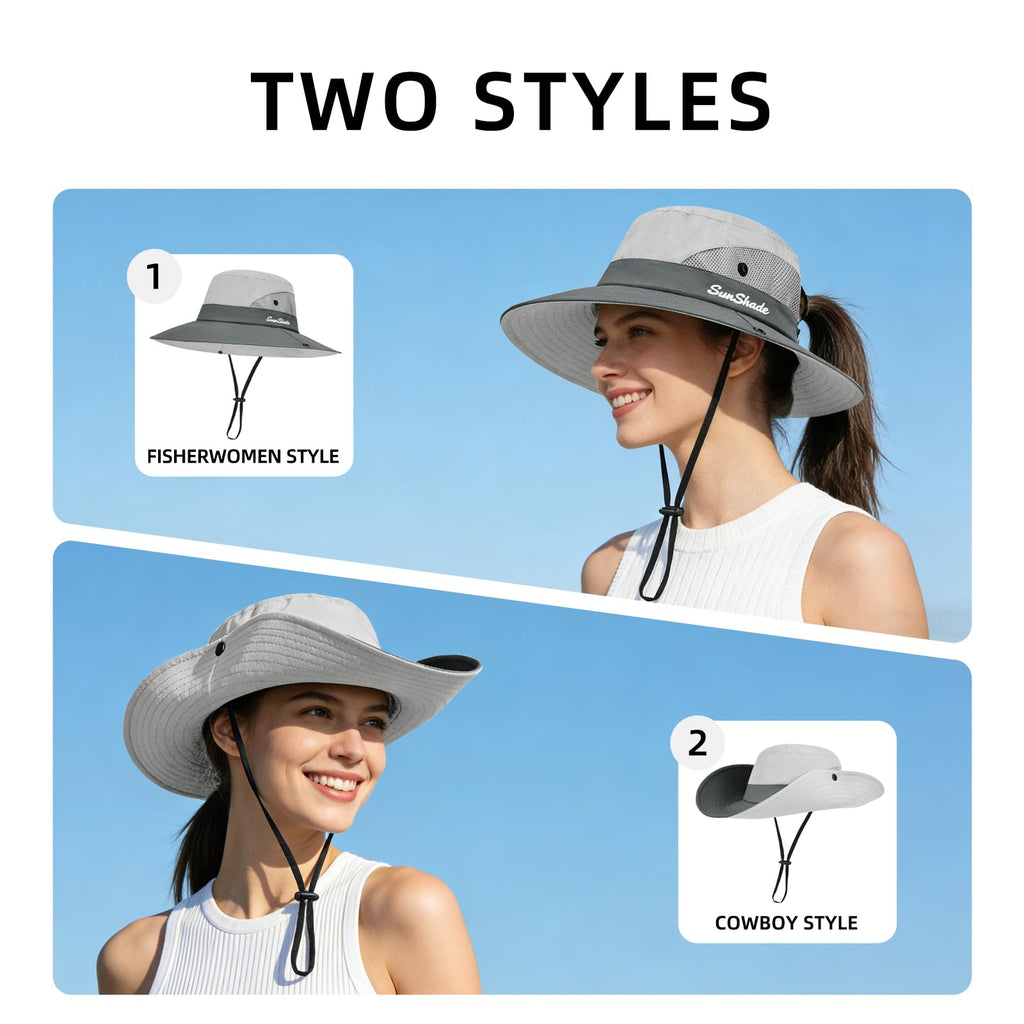 Ponytail Sun Bucket Hats for Women UV Protection Foldable Wide Brim (1 Pack-light Grey)