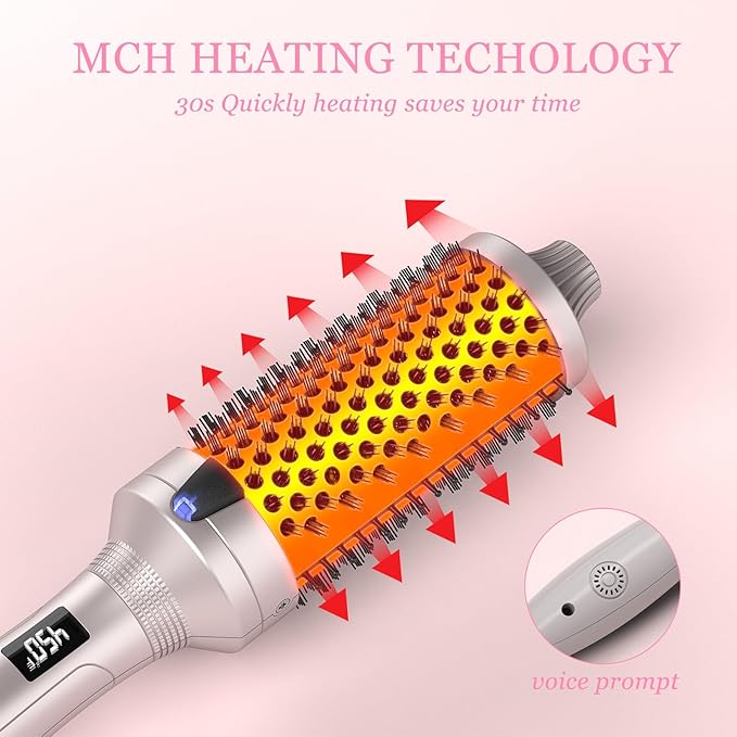 K&K Thermal Brush Heated Round Brush - Blowout Look Volumizer with 1.7 inch Heated Round for Hair Styler Tool Hair Straightener and Curler 2 in 1 Dual Voltage Temperture Contronal (Silver, 1.7 Inch)