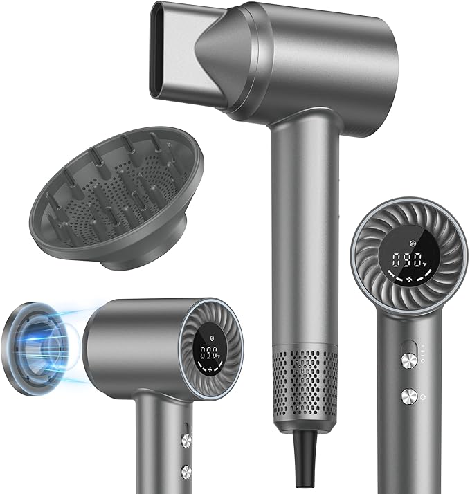Hair Dryer, 150000 RPM Brushless Motor with 500M Negative Ions, Fast-Dry Lightweight Design, ThermoControl & Magnetic Nozzle/Diffuser, Low Noise Salon Blow Dryer for All Hair, Travel, Home