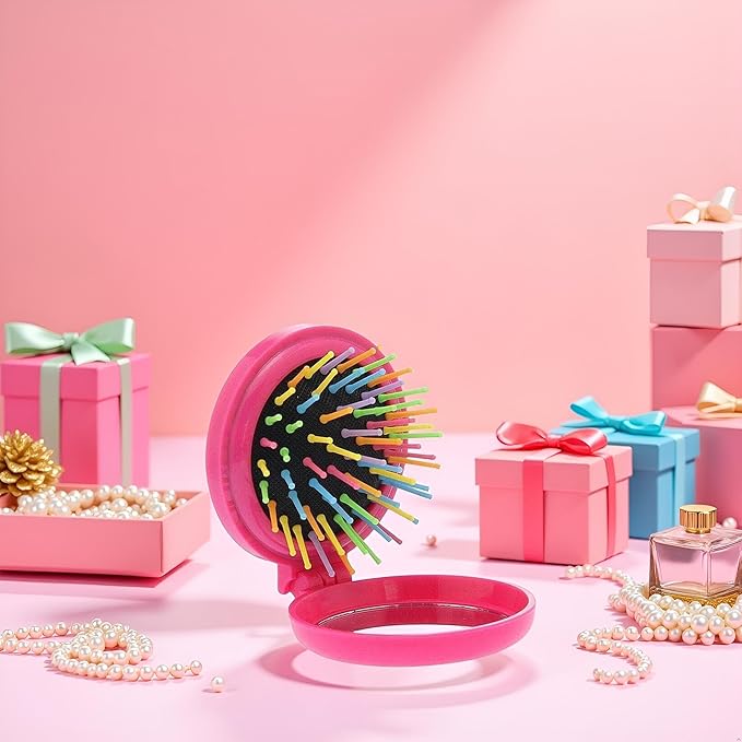 Pink Women Mini Round Folding Comb With Mirror Compact Travel Hairbrush Pop Up Brush Decor Candy-Colored Clamshell Airbag Comb Hair Brushes Styling Tools Appliances
