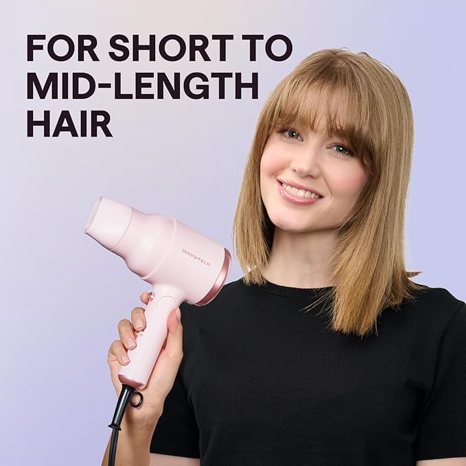 Wavytalk Blow Dryer with Diffuser, Mini Hair Dryer with Folding Handle, 1600W Quiet Lightweight Hairdryer with Diffuser Compact Design, Pinky White