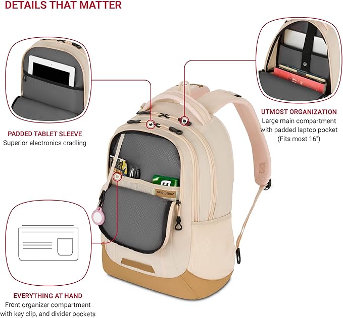 SwissGear Cecil 5505 Laptop Backpack, Cream/Warm Sand - Image 3