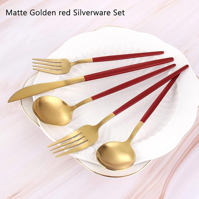 Matte Red Gold Silverware Set, 20-Piece Stainless Steel Flatware Set, Satin - Image 3