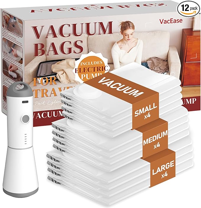 Travel Vacuum Bags with Wireless Charging Air Pump, 12 Pack Vacuum Storage Seal by Vacbird