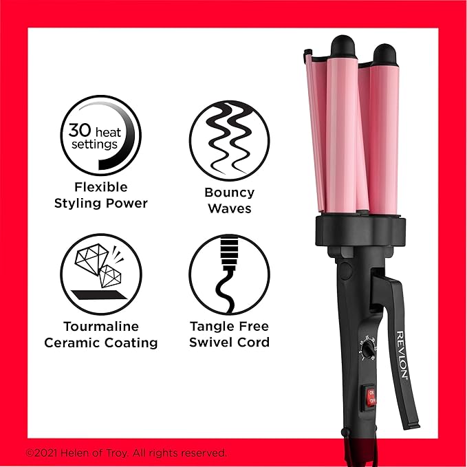 Revlon 3 Barrel Jumbo Hair Waver | Long-Lasting, Natural Looking Waves, (Pink)