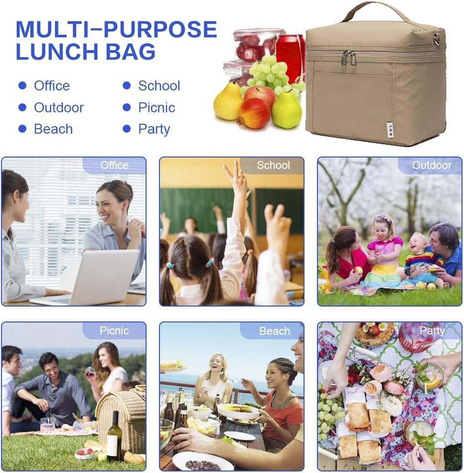 NOL 4L Insulated Lunch Bags for Women Cooler Bag Lightweight Nylon Waterproof Lunch Box for Work (Khaki / Small (4 Liters))
