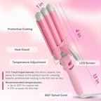 Alure Three Barrel Curling Iron Wand Hair Waver with LCD Temperature Display - 1 Inch Ceramic Tourmaline Triple Barrels, Dual Voltage Crimp (White/Pink)