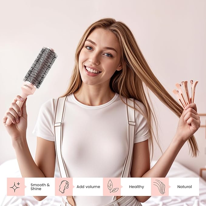 AIMIKE Round Brush for Blow out, Rose Luxe Extra-Long Round Hair Brush Ionic & Nano Thermal Ceramic Tech, for Blow Drying & Styling Volumizing Thick Long Hair, with 4 Clips (Barrel 1.7", Bristle 2.5")