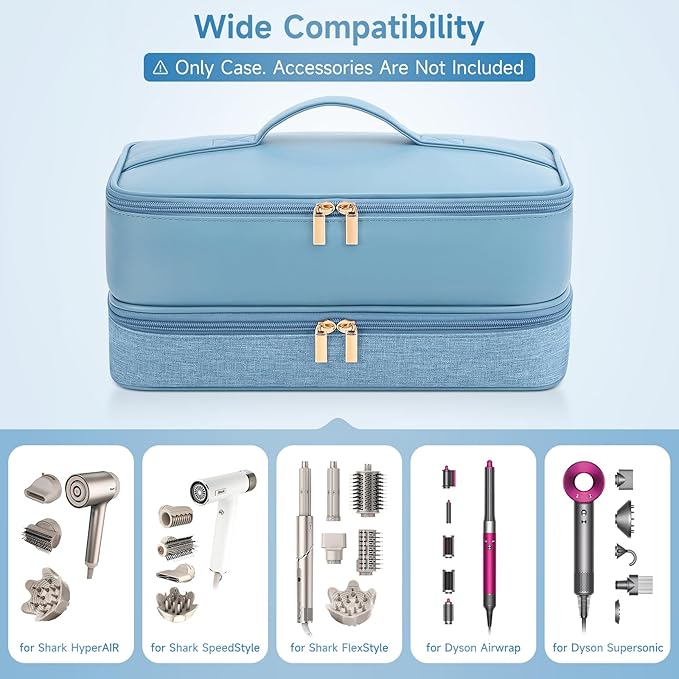 Travel Hair Dryer Case for Shark Flexstyle, Double-Layer Carrying Case for Shark Flex Style Blow Dryer, Portable Hair Tools Storage Organizer Bag for Shark Beauty Hairdryer Attchments (Misty Blue)