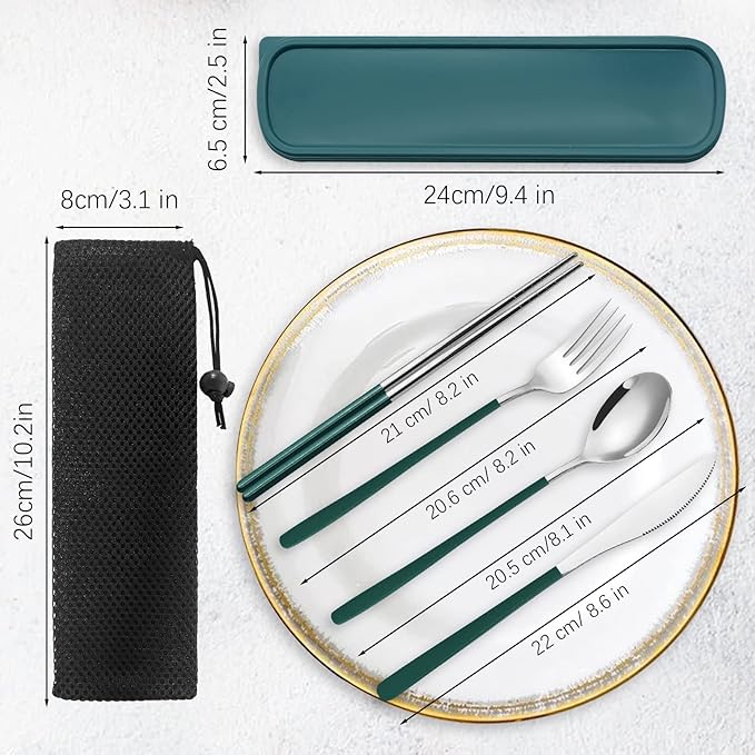 Portable Travel Camping Cutlery Set, TWUTGAYW Silver Green Reusable Flatware - Image 7