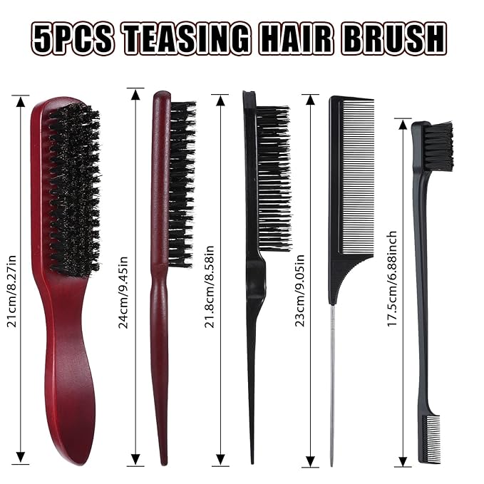 cobee 5 Pcs Slick Back Hair Brush Set, Bristle Hair Brush Edge Control Brush Teasing Comb, Wax Stick for Hair & Wig Flyaways, For Smooth Hair Parting Smooth Flyaways