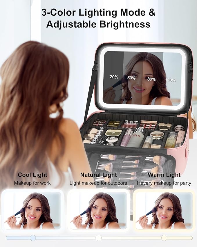 Relavel Makeup Bag with LED Mirror, 16.2 inches Large Professional Makeup Case - Image 4