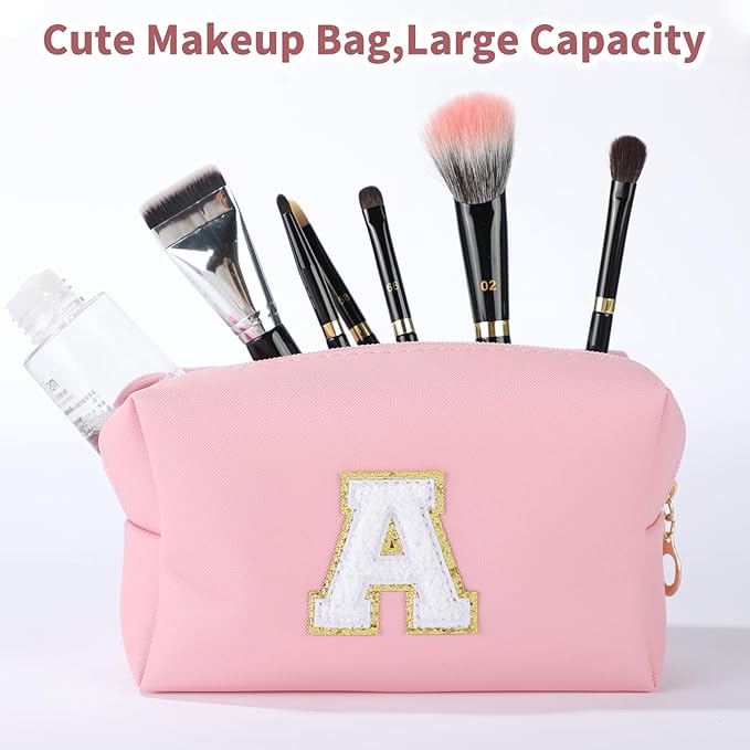 MSQ Personalized Makeup Bag Initial A-Z Patch Bag, PU Leather Cosmetic Bag Pouch Travel Toiletry Bag with Zipper, Gift Ideal for Teen Girls Friend Mom Women Birthday(Pink A)